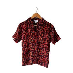 Vintage Retro Geometric Print Short Sleeve Rayon Shirt - Petite Small Fashion